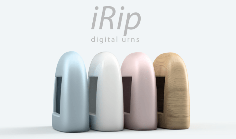 iRip digital urns in blue, white, pink and woodgrain