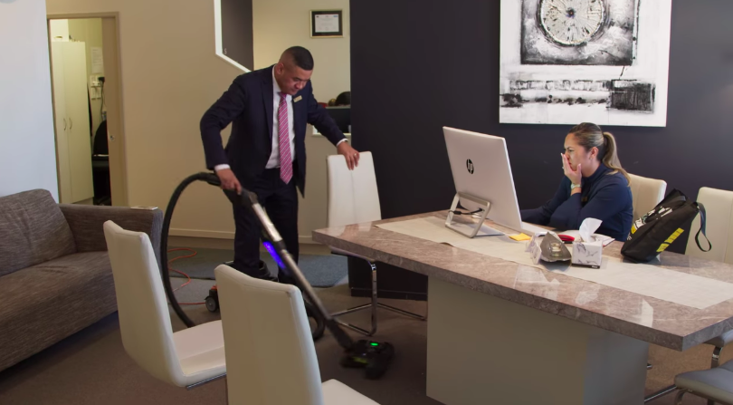 Casketeers Francis vacuuming