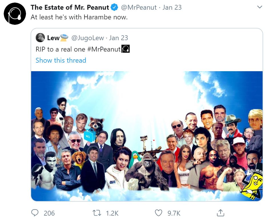 Mr. Peanut in Heaven Tweet