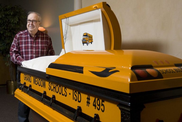 Davis with his school bus casket