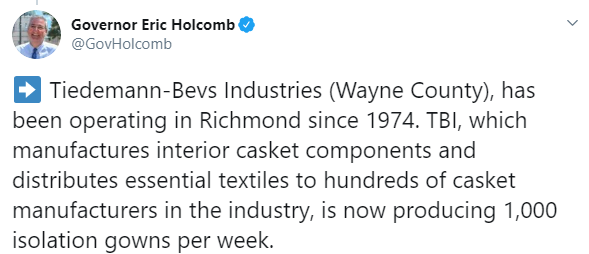 Indiana Governor's Tweet about Tiedemann-Bevs