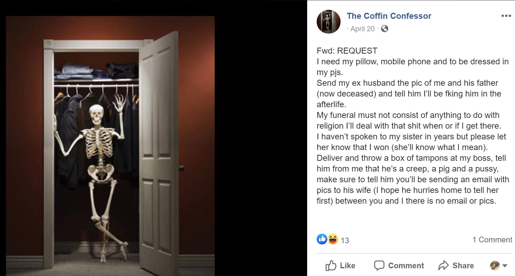 Coffin Confessor Facebook Post